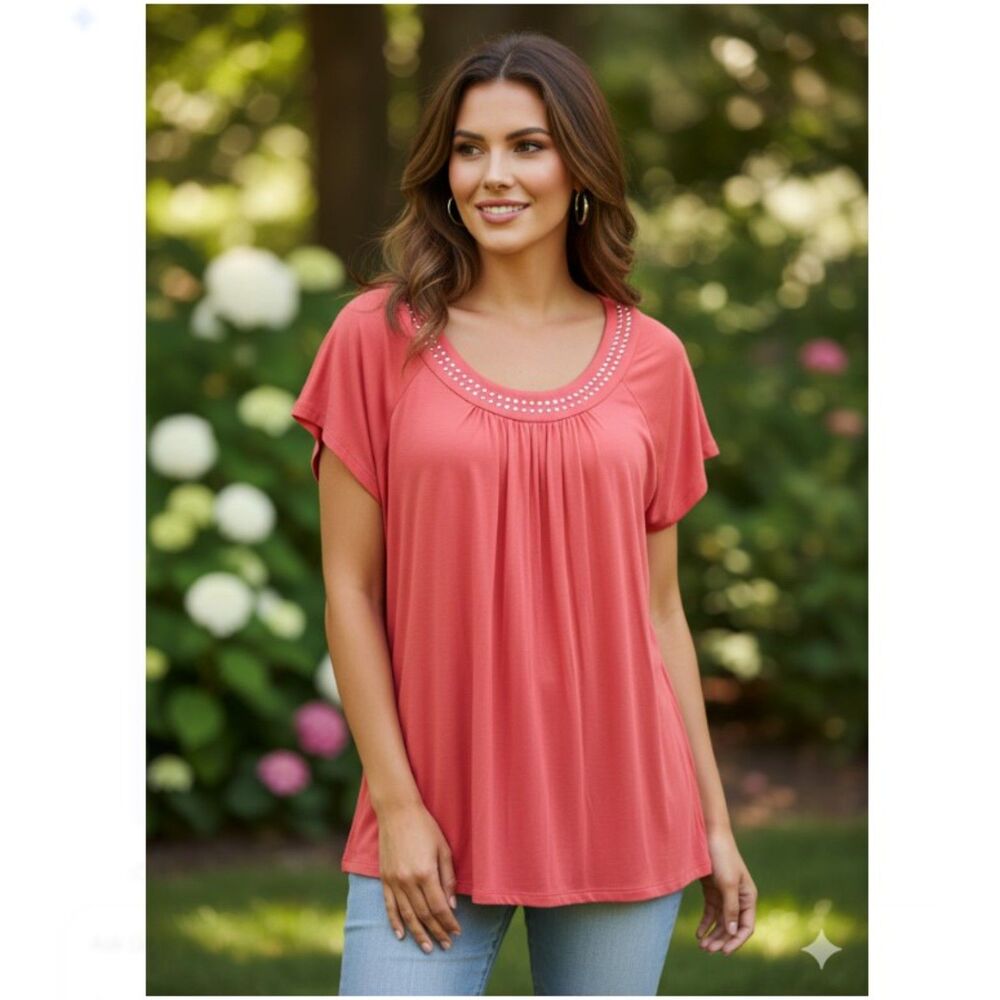 Michael Kors Blouse Womens Coral Top Beaded Neckline Short Sleeve Size M